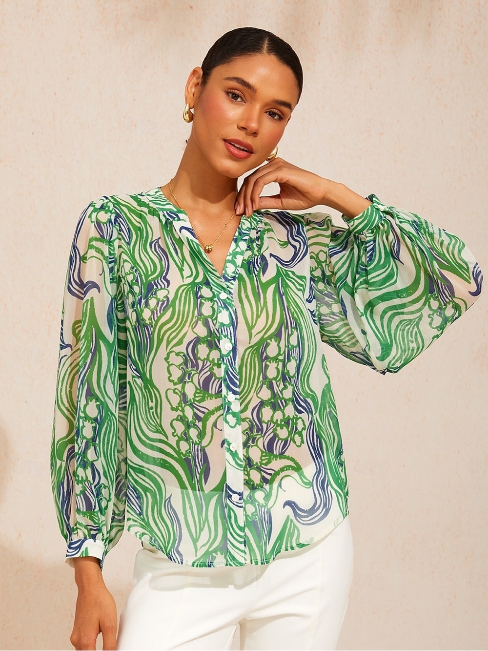 Ador Abstract Bell Botanical Flowy Chiffon Sheer Boho Top Feminine Artsy Resort